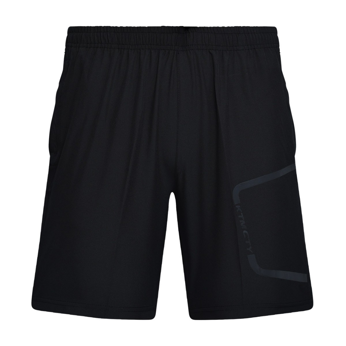 a pair of black KTM CTY Kinetic Training Shorts featuring an elastic waistband and a subtle grey geometric graphic design on the left thigh, designed for summer activewear 1